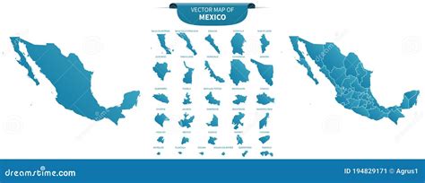 Blue Colored Political Maps Of Mexico Isolated On White Background