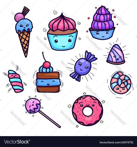 Set Of Cute Kawai Sweets And Confection Object Vector Image