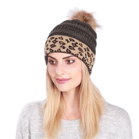 Fashion Winter Leopard Women S Hat Warm Knitted Beanies Cap For Women Girl Pom Pom Thick Lady