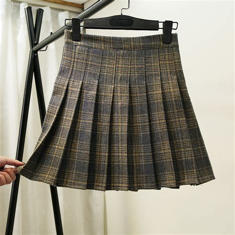 2018 autumn winter high waist pleated a line skirts girls harajuku woolen plaid mini skirt