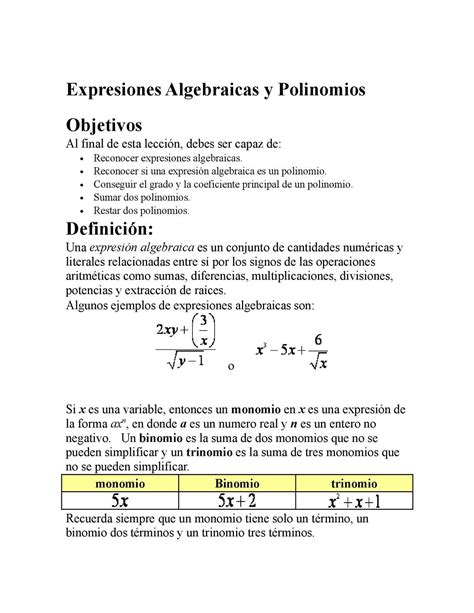 Calaméo Expresiones Algebraicas Y Polinomios