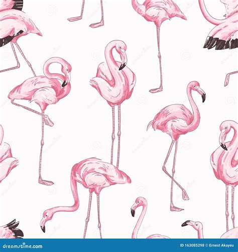 Colorful Seamless Pattern With Pink Flamingo Hand Drawn Realistic