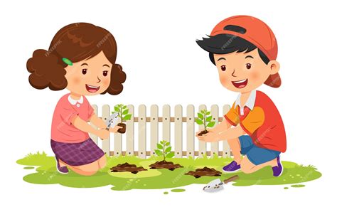 Premium Vector Cute Boy And Girl Happy Planting Tree