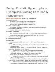 Benign Prostatic Hypertrophy Or Hyperplasia Nursing Care Plan Docx Benign Prostatic