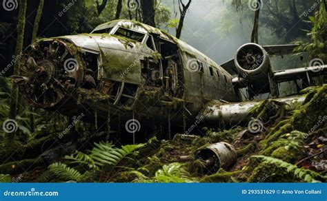 Reclaimed By Nature Abandoned Old Plane In Lush Rainforest Stock