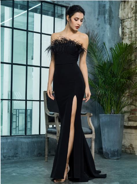 Pp101 Classy Black Strapless Feather Prom Dress Feather Prom Dress