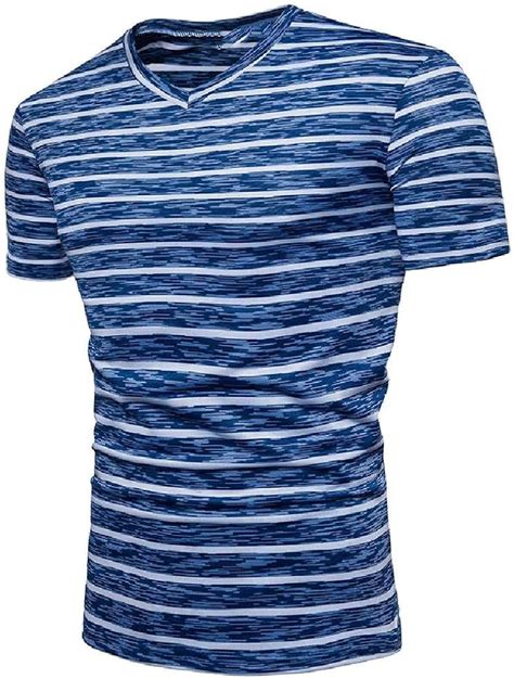 Sommer T Shirt für Herren V Ausschnitt kurzärmelig gestreift schmal Gr M blau Amazon de