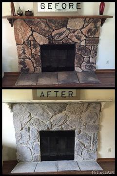 Brick fireplace makeover with stained wood. 80s stone fireplace makeover