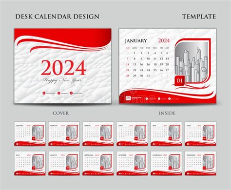 Set Di Modelli Di Calendario 2024 Copertina Progettazione Sfondo Rosso