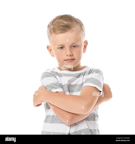 Sad Little Boy With Autistic Disorder On White Background Stock Photo