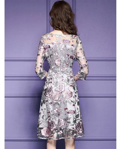 Grey Embroidery Knee Length Floral Party Dress Wedding Guests Zl8094