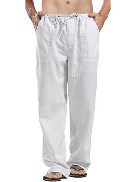 Mens Drawstring Cotton Linen Pants Solid Color Elastic Waist Relaxed Fit Casual Loose Beach