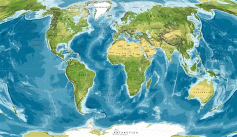 Mapa Detailed Physical World Map Winkel Tripel Projection ǀ Wiele