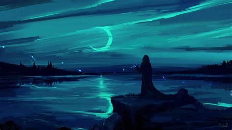 965768 Digital Cyan Night Moon Digital Painting Skyscape Lake