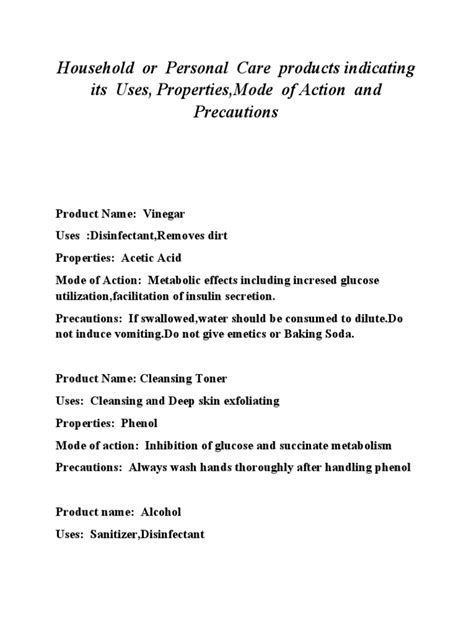 Household Or Personal Care Products Indicating Its Uses Properties