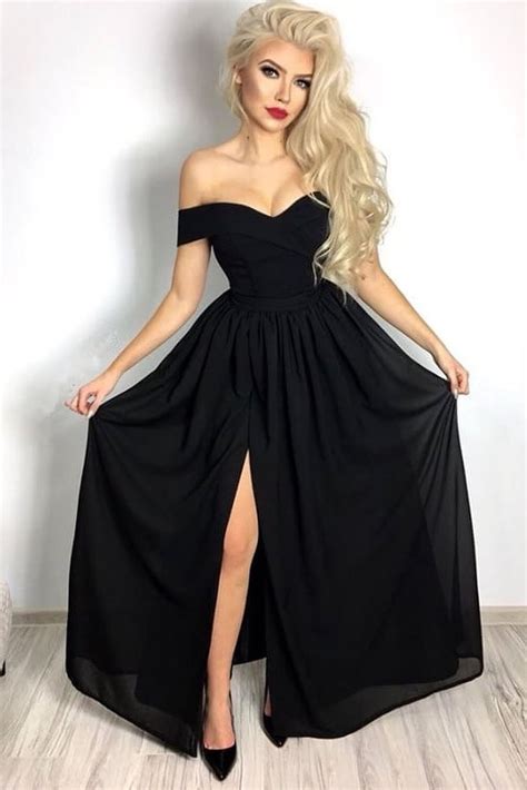 Hot Sexy A Line Off The Shoulder Black Chiffon Long Prom Evening Dress