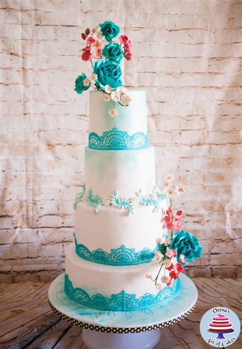 Turquoise Lace Wedding Cake Decorated Cake By Veenas Cakesdecor