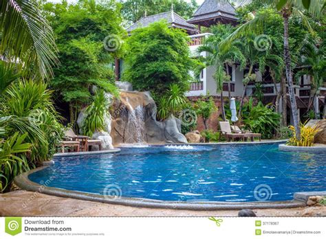 Tropical Waterfall Landscape In Spa Resort Royalty Free