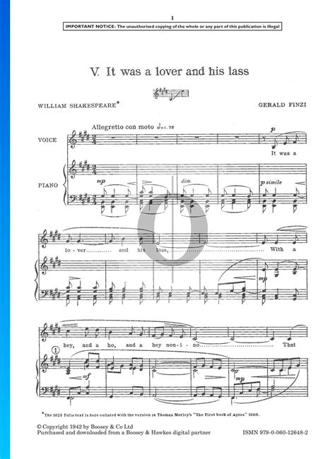 It Was A Lover And His Lass Sheet Music Piano Voice Oktav