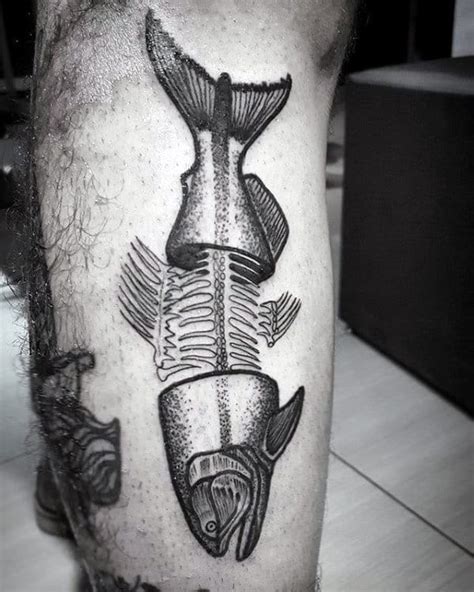Red ink fish skeleton tattoo on right half sleeve. 50 Fish Skeleton Tattoo Designs For Men - X-Ray Ink Ideas