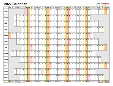 2022 Yearly Calendar Excel