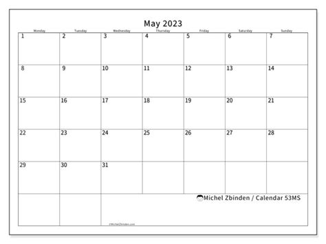 May 2023 Printable Calendar “53ms” Michel Zbinden Au