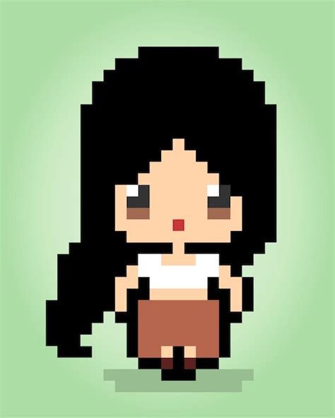 Garota de pixels de bits com cabelo comprido feminino para ativos de jogos em ilustrações