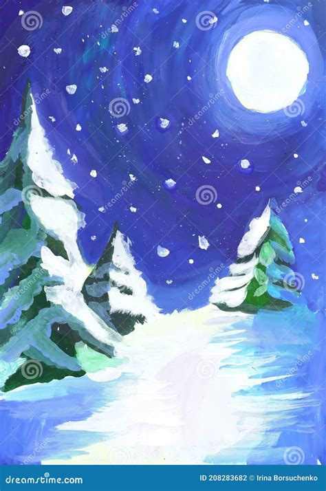 Snowy Christmas Trees On A Winter Evening Children`s Drawing Stock