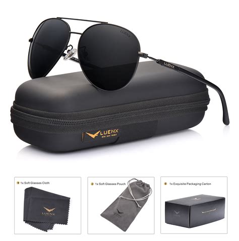 Luenx Aviator Sunglasses Mens Women Polarized Black Lens Black Metal Frame Dark 60mm With Case