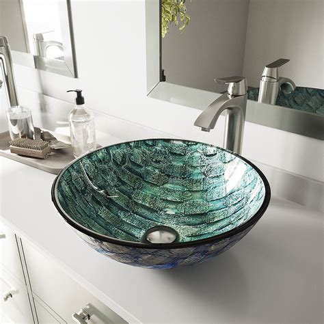 Vigo Glass Vessel Bathroom Sink In Oceania Blue And Linus Faucet Set In