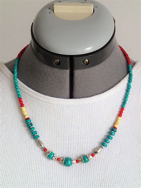 Turquoise And Coral Necklace Colorful Blue Red Yellow Etsy