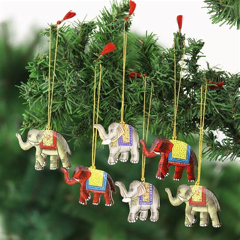 Unicef Market Painted Wood Elephant Ornaments Set Of 6 Festive