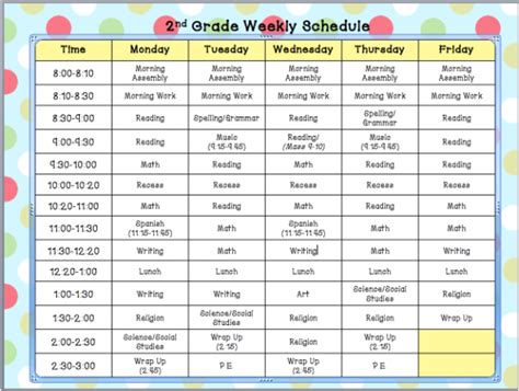 Class Schedule Second Grade With Miss Mcelfresh