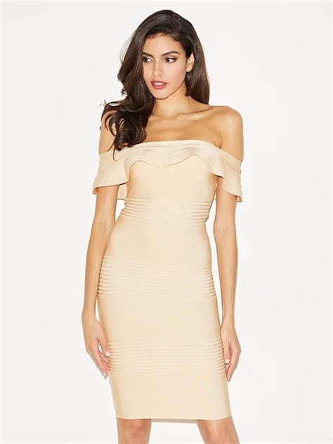 Beige And Red Color Ladies Hl Bandage Dress Sexy Ruffles Slash Neck