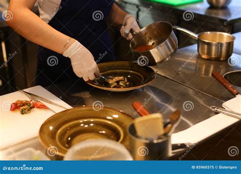 Young Beautiful Girl Hands Cook Pours Bowl Ready Made Meals In C Stock
