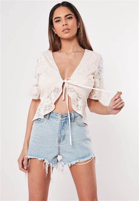 Cream Lace Tie Front Top | Missguided