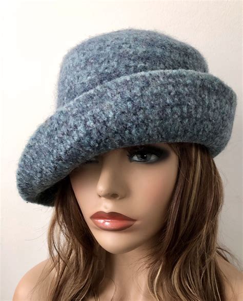 Felted Blue Rolled Brim Hat Womens Felted Hat Blue Felted Cloche Hat