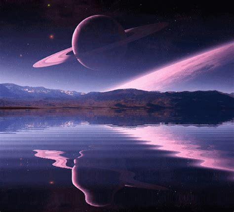 An Image Of Two Planets In The Sky With Water And Mountains Behind Them