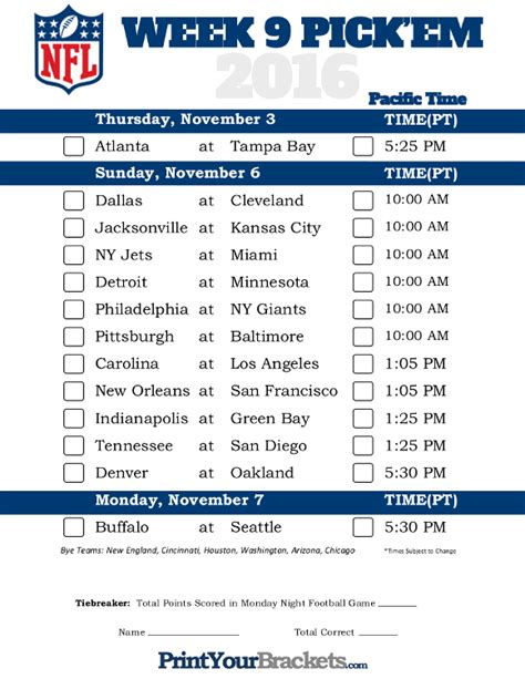 Pacific Time Week 9 Nfl Schedule 2016 Printable