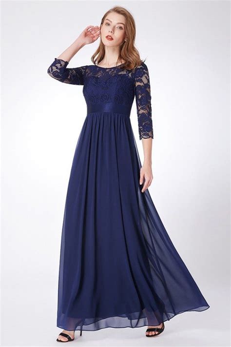 Empire Waist Navy Blue Lace Chiffon Formal Dress Long Sleeves