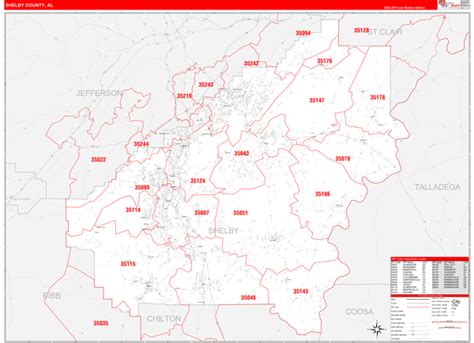 Shelby County Al Zip Code Wall Map Red Line Style By Marketmaps Mapsales