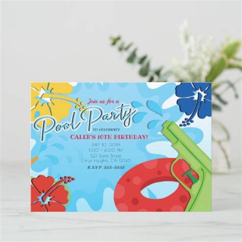 Pool Party Squirt Gun Water Fun Summer Hibiscus Invitation Zazzle