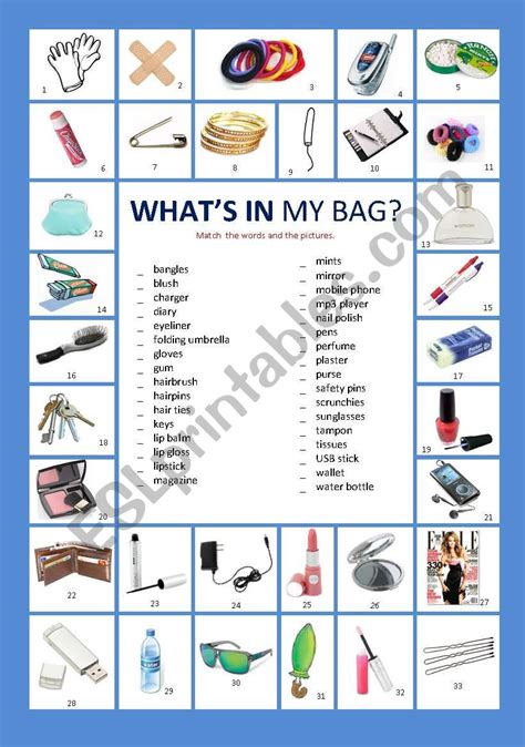 What´s In My Bag Esl Worksheet By Raquelb