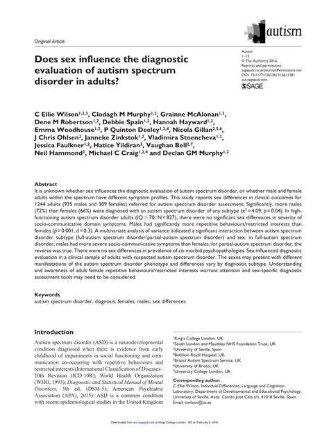 Pdf Does Sex Influence The Diagnostic Evaluation Of Autism Spectrum Disorder In Adults