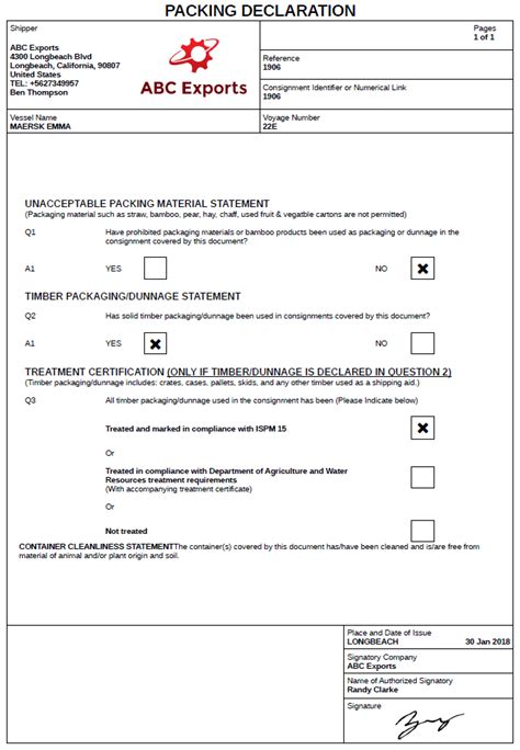Packing Declaration Document Template Used For Import