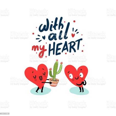 Cute Hearts Characters With Cactus Lettering With All My Heart Stock