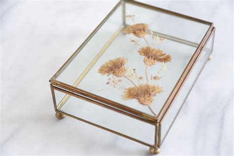 Vintage Dried Floral Glass Jewelry Box Brass And Clear Etsy Glass Jewelry Box Dried