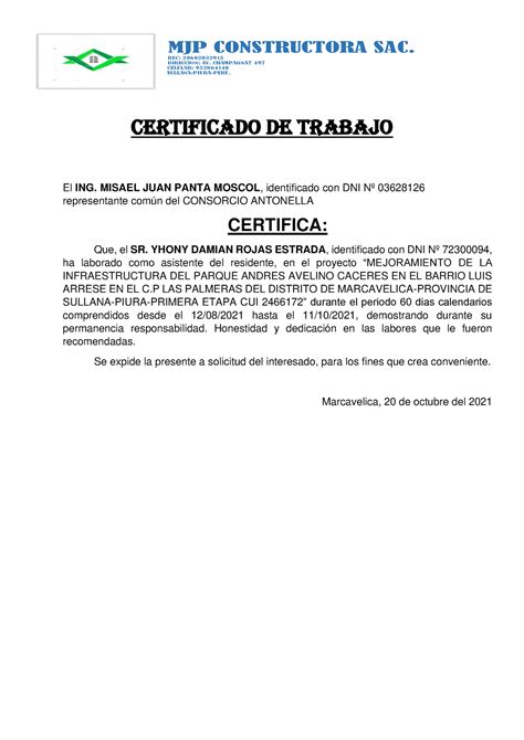 Certificado De Trabajo Mjp Constructora Sac Ruc