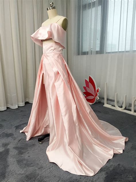 Sexy Two Piece Pink Satin Prom Dress With Thigh High Slit Lunss