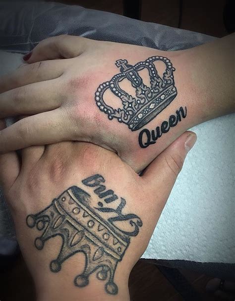 A Stylized Pair Of King And Queen Crowns Tattoos On Hand Crown Hand Tattoo Hand Tattoos Queen